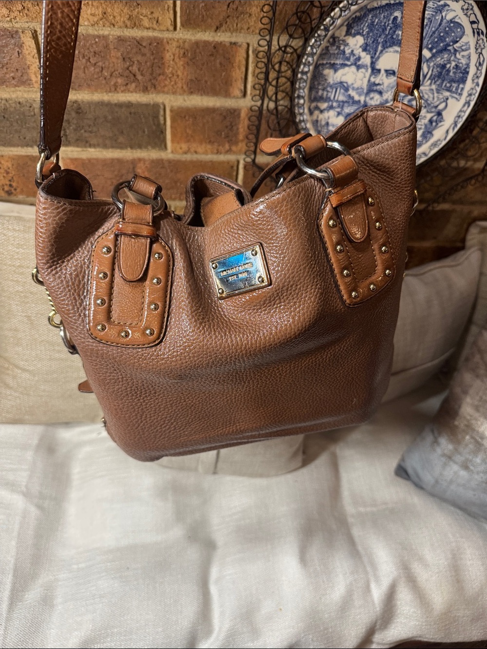 Michael Kors Cognac Pebbled Leather Studded Shoulder Bag